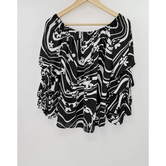 Joseph Ribkoff Chiffon Art To Wear Floral Ruffled Sleeve Blouse Sz 10 Preppy - Picture 2 of 9